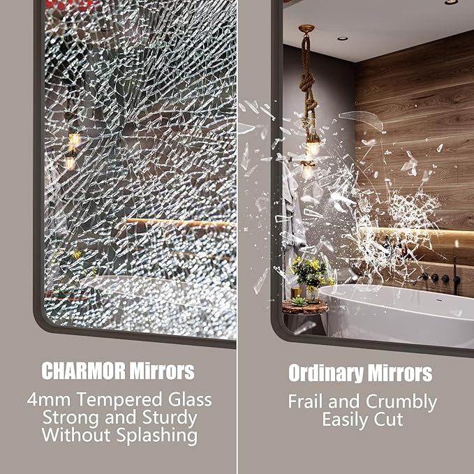 16x24 Bronze Bathroom Mirror, Rounded Rectangle Bronze Frame Mirror, Brushed Bronze Bathroom Vanity Mirror Wall-Mounted, Anti-Rust, Hangs Horizontally or Vertically