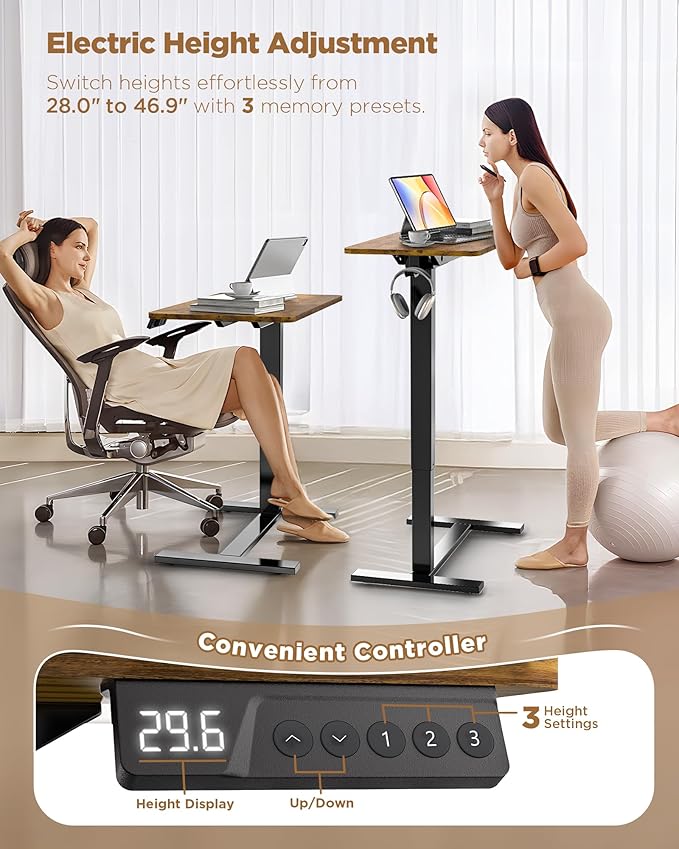 Electric Adjustable Height Standing Desk - Small Sit Stand Portable Rolling Laptop Table with Hidden Wheels, Small Computer Workstation for Bedside & Home Office Use (28"x16",Rustic Brown)