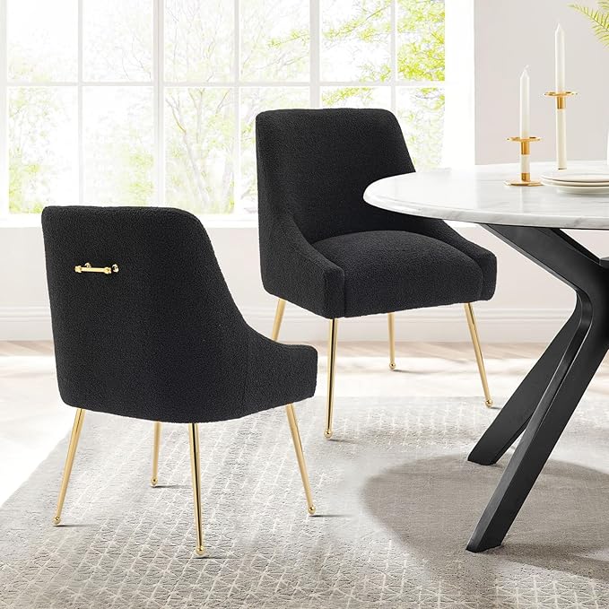 Modern Velvet Dining Chairs Set of 2, Contemporary Upholstered Furniture Collection with Polished Gold Metal Legs, Elegant Accent Chairs for Kitchen Living Room(Teddy Fleece,Black)