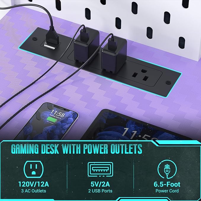 Gaming Desk with Hutch and LED Lights, Gaming Computer Desk with Power Outlets, Gamer Desk with Storage Shelves, PC Gamings Desk with Pegboards for Bedroom, Carbon Fiber Purple, 49"
