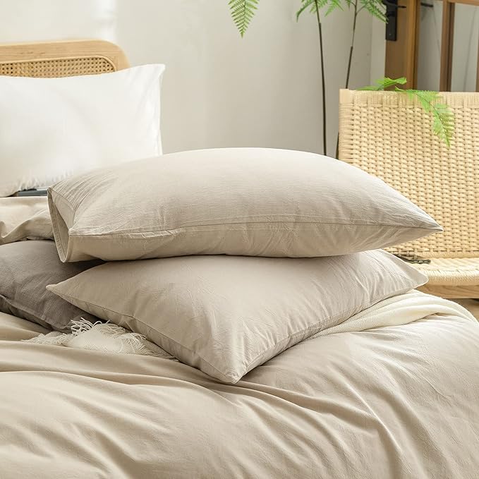 BESTOUCH Duvet Cover Set 100% Washed Cotton Linen Feel Super Soft Comfortable Chic Lightweight 3 PCs Home Bedding Set Solid Almond Milk Grey Oversized Queen