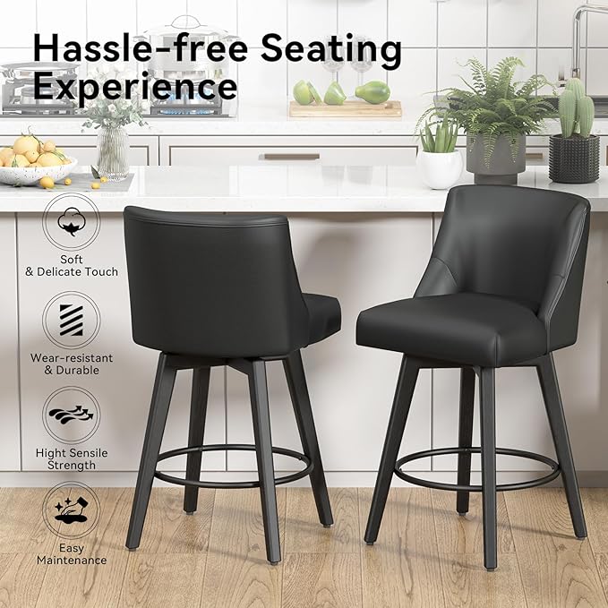 Counter Height Swivel Bar Stools Set of 2, 26 Inch Bar Stools with Footrest, Faux Leather Upholstered Barstools with Back and Solid Wood Legs for Kitchen Island, Dining Room,Pub,Black