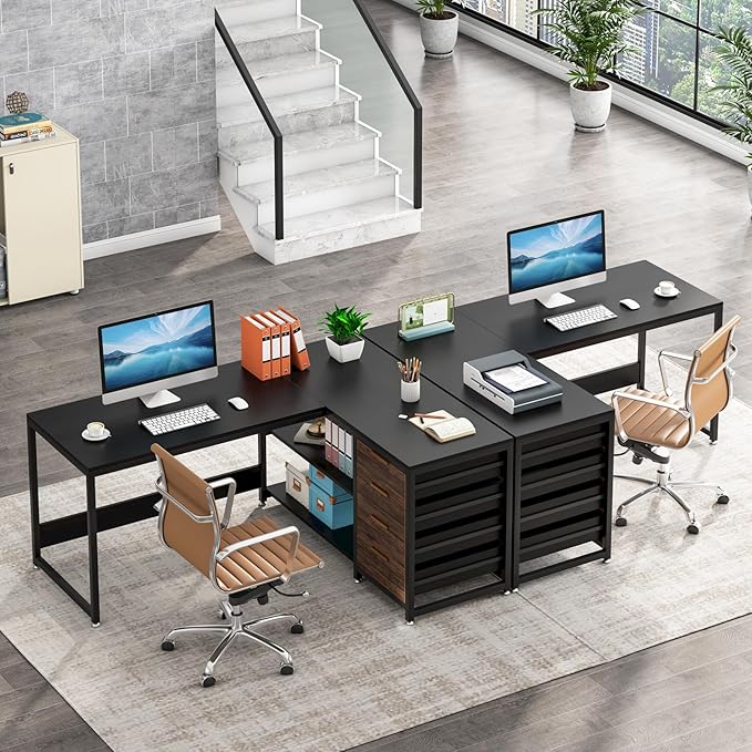 LITTLE TREE 59-Inch L Shaped Desk with Drawers, Large Computer Desk with Storage Shelves, Reversible L-Shaped Corner Desk Workstation for Home Office