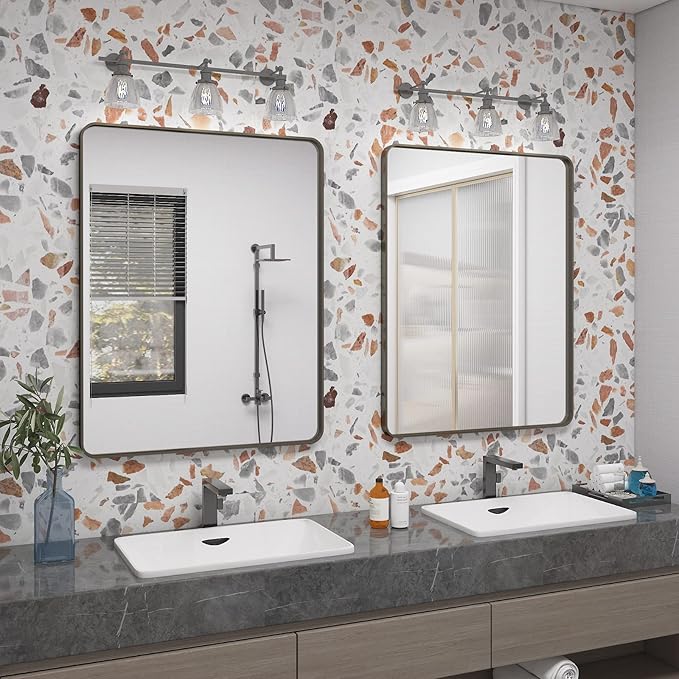 30x36 Bronze Bathroom Wall Mirror, Modern Brushed Metal Framed Mirror for Vanity, Modern Rounded Rectangle Mirror, Anti-Rust, Tempered Shatterproof (Horizontal/Vertical)