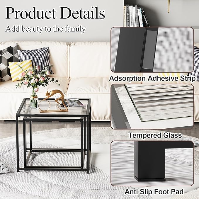 Garden 4 you Coffee Table Set of 2, Modern Patterned Glass Nesting Table, Metal Frame Square Center Table Set, Side Tables, Nesting Coffee Table for Living Room, Bedroom and Small Spaces, 23.6in Black