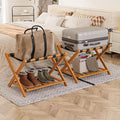 Pack of 2 Fully Assembled Bamboo Luggage Racks with Shoe Shelf, 5 Heavy-Duty Straps Folding Suitcase Stand, Luggage Holders for Guest Room Must Haves, Ideal for Bedroom, Hotel, Honey Oak