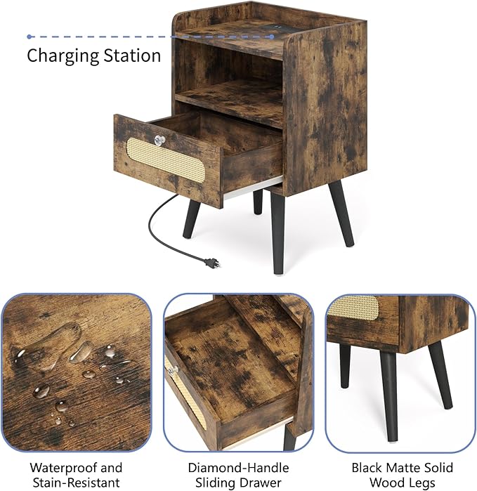 End Table with Diamond Handle, Nightstand/Bedside Table with Charging Station, Rustic Brown