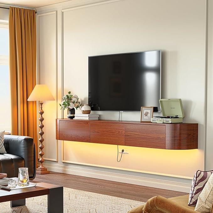 Fully Assembled Floating TV Stand with Drawers, 63IN Vintage Wall Mounted Entertainment Center, Minimalist Large Storage Console Under TV, Solid Wood Media Shelf for Living Room, Bedroom