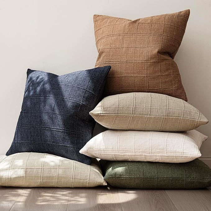 Foindtower Set of 2 Decorative Linen Check Throw Pillow Covers Neutral Farmhouse Vintage Cushion Covers Modern Boho Home Decor for Sofa Chair Couch Bedroom Living Room Outdoor,20×20 Inch,Navy Blue