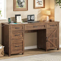 Farmhouse 61'' Executive Desk with 5 Drawers, Rustic Office Desk Computer Desk with Charging Station, File Drawers and Storage Cabinet, Wood Workstation for Study and Home Office, Red-Brown.