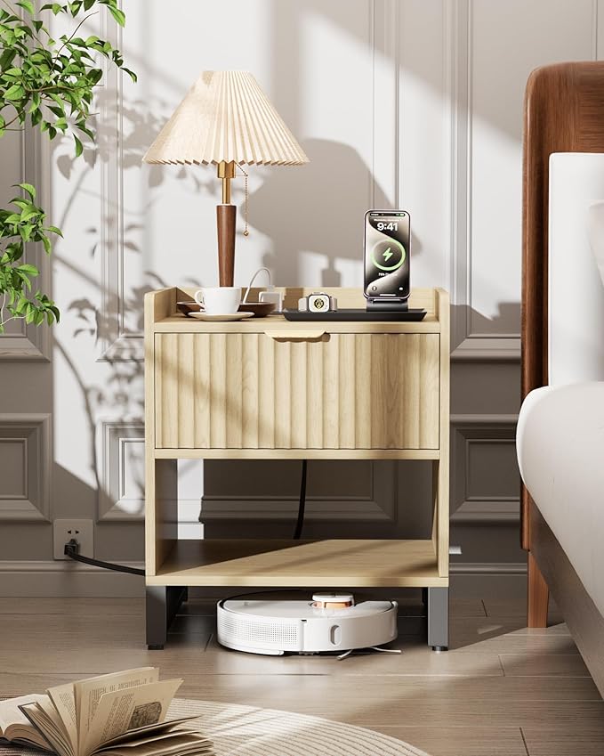 Fluted Night Stand with Charging Station, Wood Nightstand with Large Drawer and Open Storage Cabinet, Mid-Century Modern Bedside Table End Table for Bedroom Closet Office