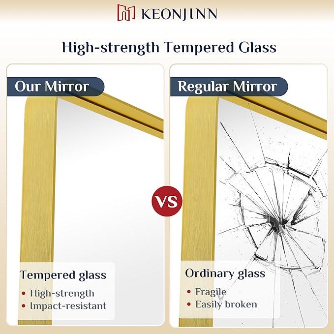 Keonjinn Brushed Gold Bathroom Mirror 48 x 30 Inch Large Rounded Rectangle Vanity Mirror, Brass Gold Wall Mirror with Shatterproof HD Tempered Glass, Decorative Gold Framed Mirror(Horizontal/Vertical)