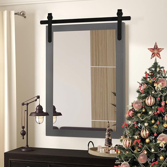 Farmhouse Wall Mirror, Rustic Wood Frame Bathroom Mirror Barn Door Inspired Decorative Vanity Dress Mirrors for Living Room Entryway, 24x36 INCH Gray Vertical