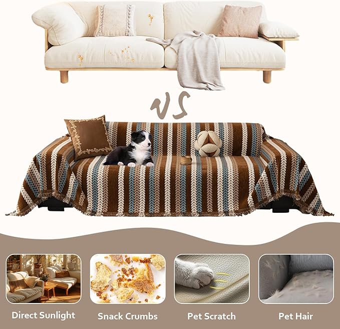 STACYPIK Khaki Jacquard Leaves Sofa Cover, Vintage Couch Cover for Dogs, Washable Pet Protector for 3 Cushion Couch, Non-slip Chenille Sofa Covers for Loveseat, Boho Couch Cover for Sectional-71X150IN
