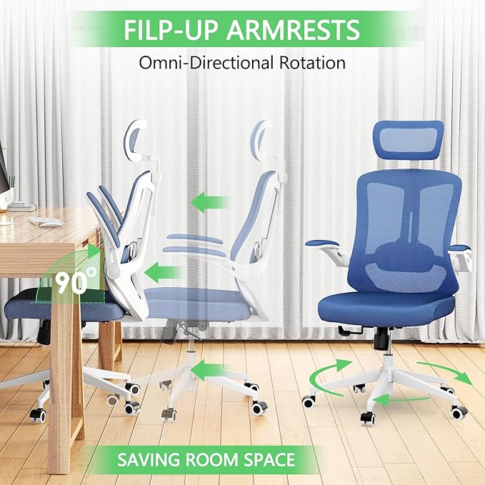 Home Office Chair,Ergonomic Big and Tall Office Desk Chair with Flip-up Arms/Headrest/Adjustable Lumbar Support/Tilt Function/450 lbs Heavy Duty Office Chair-Mesh （Blue）