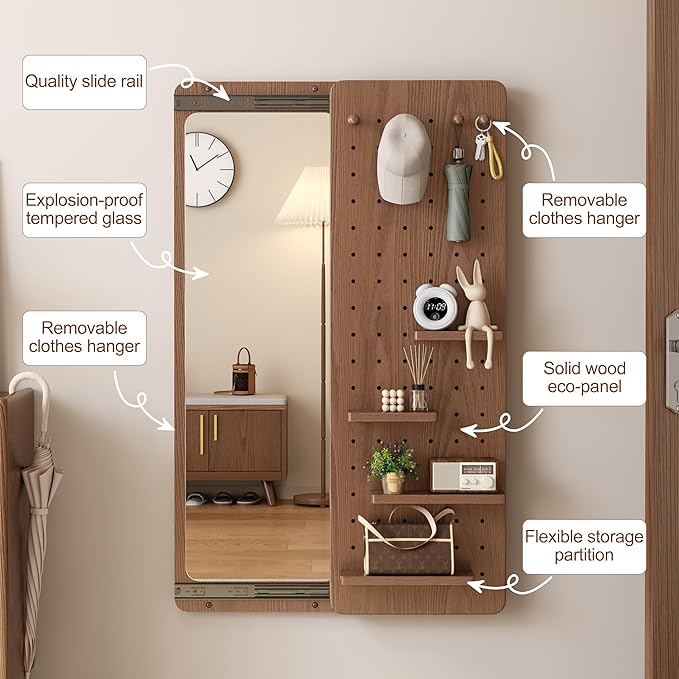KungFuWood Full Length Mirror with Shelf and Hooks,Entry Way Mirrors for Wall,Wall Mirror with Shelf,Wall Mirror with Storage Multifunctional Design Panel,Living Room
