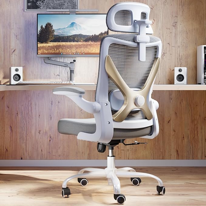 Ergonomic Office Chair - X-Shaped Computer Desk Chair Comfy, Gaming Chair, Office Chair with Lumbar Support, Mesh Office Chairs with Headrests, Desk Chair for Long Hours (Grey Gold)