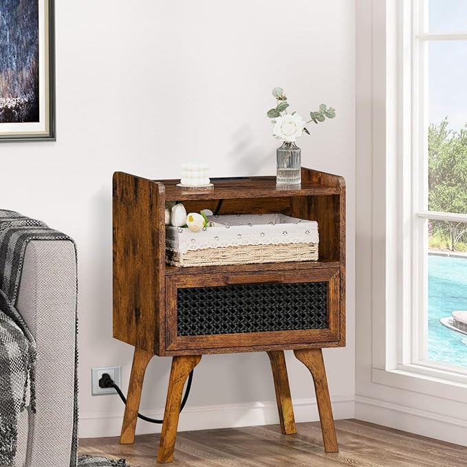 Lerliuo Rattan Nightstand with Charging Station, Side Table with Drawer Open Shelf, Cane Accent Bedside End Table with Solid Wood Legs, Night Stand for Bedroom, Dorm and Small Spaces (Brown)