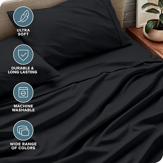 Bare Home Split Head Flex King Sheet Set - 1800 Ultra-Soft Microfiber Bed Sheets - Double Brushed - Deep Pockets - Easy Fit - 4 Piece Set - FlexTop King Bedding Sheets (Split Head Flex King, Black)