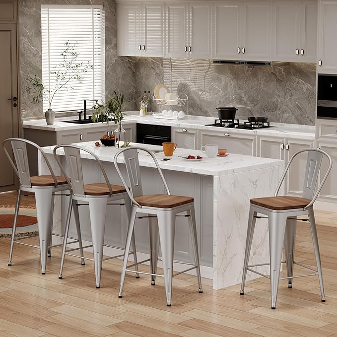 Changjie Furniture 24 Inches Metal Barstools Set of 4 Counter Height Bar Stools Industrial Stools with Backs High Back Chairs for Kitchen Island (24 Inch, Silver)