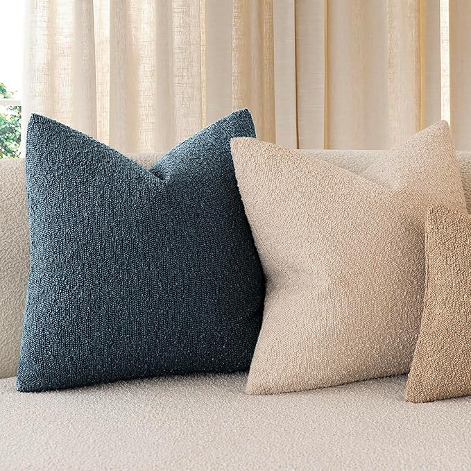 Foindtower Set of 2, Decorative Textured Boucle Throw Pillow Covers Accent Solid Pillow Cases Neutral Couch Cushion Case for Chair Sofa Bedroom Living Room Home Decor 26x26 Inch Dark Blue