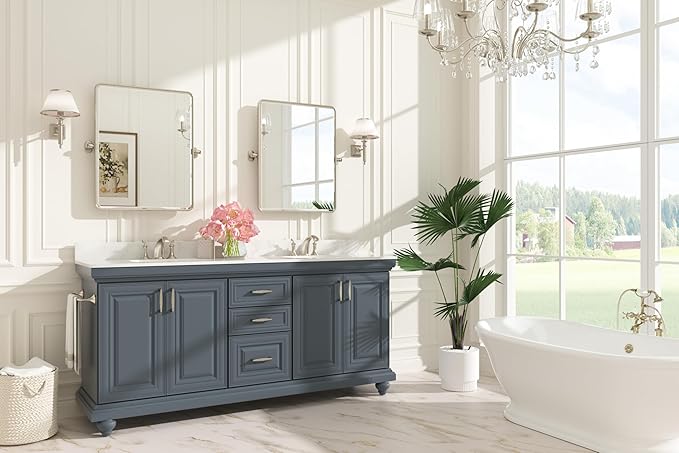 Keonjinn 24x30 in Brushed Pivot Mirror, Tilt Beveled Mirror Bathroom, Rectangular Sturdy Modern Silver Tilt Mirrors, Rounded Corner Aluminum Framed Vanity Mirrors for Wall (Horizontal/Vertical)