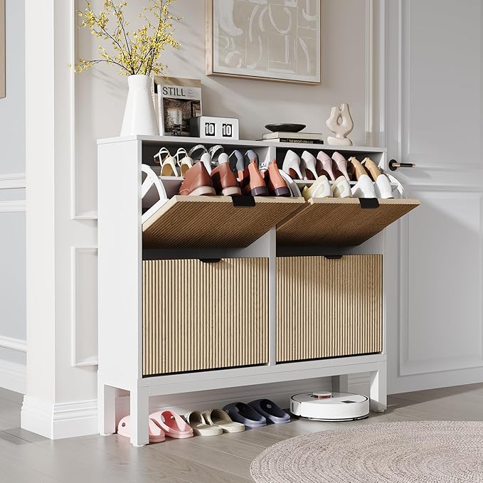 GarveeHome Fluted Shoe Storage Cabinet with 4 Flip Drawers, Narrow Wooden Shoe Organizer with Metal Legs, Modern Farmhouse Hidden Shoe Rack for Entryway, Hallway, White+Oak