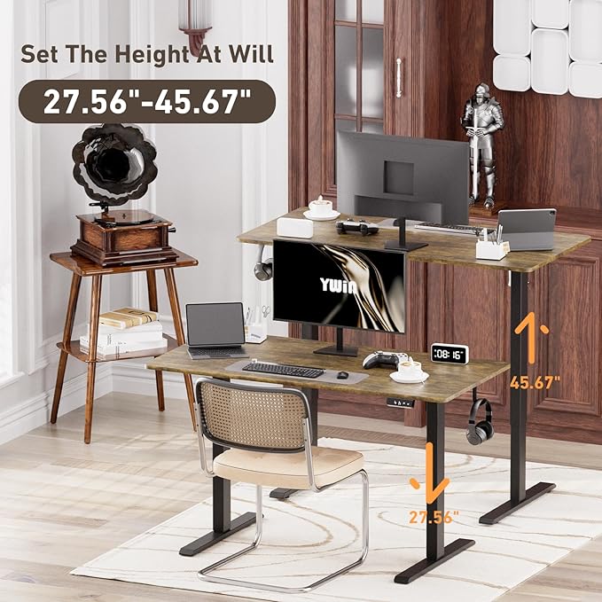 Ywin Electric Height Adjustable Standing Desk, 63 x 24 inches Sit Stand Desk with Wheels, Ergonomic Stand Up Desk for Home Office