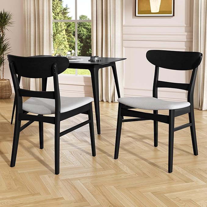Set of 2 Solid Wood Dining Chairs, Fabric Upholstered Seat Mid-Century Modern Kitchen Furniture for Living Room, Light Gray+Black