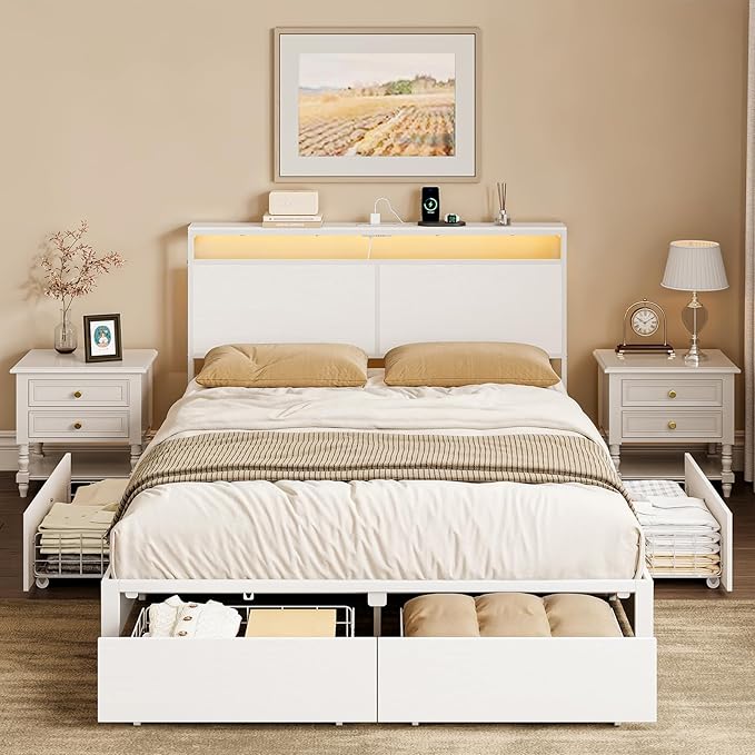 King Bed Frame with 4 Storage Drawers Bed Frame King Size with Headboard LED Lights Charging Station Metal Slats Platform Heavy-Duty Support No Box Spring Needed White