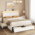 King Bed Frame with 4 Storage Drawers Bed Frame King Size with Headboard LED Lights Charging Station Metal Slats Platform Heavy-Duty Support No Box Spring Needed White