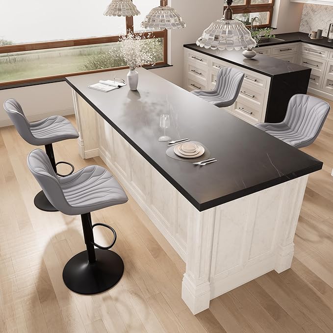 YOUNIKE 3 Grey Bar Stools Modern Swivel Counter Height Bar Chair with Back Adjustable Kitchen Island Faux Leather Padded Barstools taburetes de bar Breakfast sillas para barra de cocina 3PCS