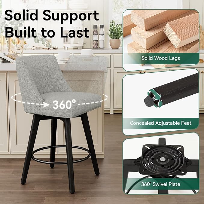 Vipbear Swivel Counter Height Bar Stools Set of 4,26.8" H Counter Stools with Back, Mid Century Modern Bar Stools for Kitchen Island,Linen Fabric,Wooden Base, Light Gray