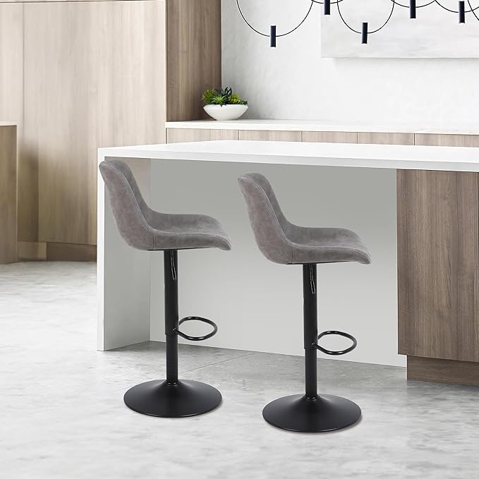 Bar Stools, Swivel Counter Height Barstools with Back, Adjustable Modern Bar Chairs, Tall Armless PU Leather Kitchen Island Stool (Grey, Set of 2)
