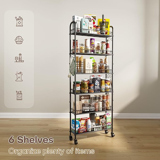 6 Tier Slim Storage Cart with Wheels, Metal Mobile Shelving Unit Organizer Utility Cart for Office Bathroom Kitchen Laundry Room Narrow Places (6inches)