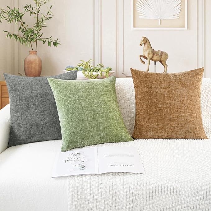 CaliTime Throw Pillow Covers Decorative 22 X 22 Inches Pack of 2 Cozy Chenille Cushion Cases for Couch Sofa Bed Living Room Home Sage Green
