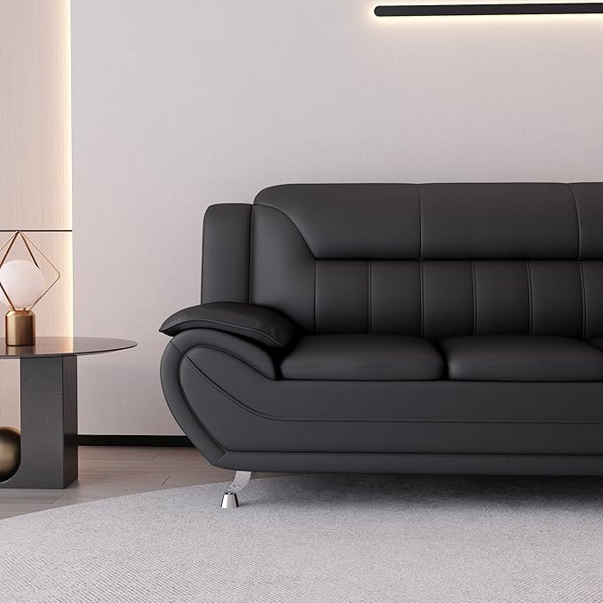 Container Furniture Direct Michael Modern Faux Leather Upholstered Stainless Steel Legs Living Room, Chair, Loveseat, Sofa, Soft Beige/Black