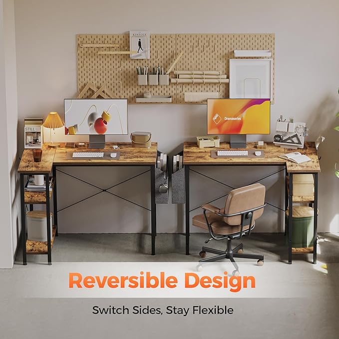 Small L Shaped Computer Desk with Power Outlets, Gaming Desk for Small Spaces, Corner Desk with Reversible Storage Shelves, Study Writing Table for Home Office (Socket, Rustic Brown, 48 inch)
