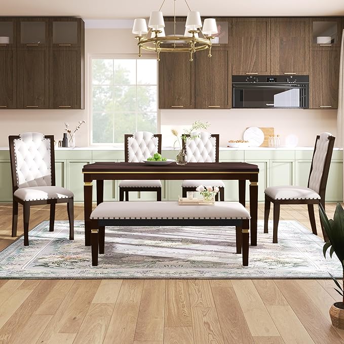 Ball & Cast Dining Table Set for 6,Kitchen Table W/ 4 High-Back Tufted Chairs & 1 Bench,5 Piece Dining Room Table Set W/ 60" Rectangular Table,for Kitchen, Living Room,Espresso