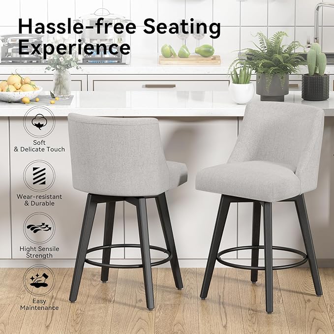 Counter Height Swivel Bar Stools Set of 6, 26 Inch Bar Stools with Footrest, Linen Fabric Upholstered Barstools with Back and Solid Wood Legs for Kitchen Island, Dining Room,Pub,Light Grey