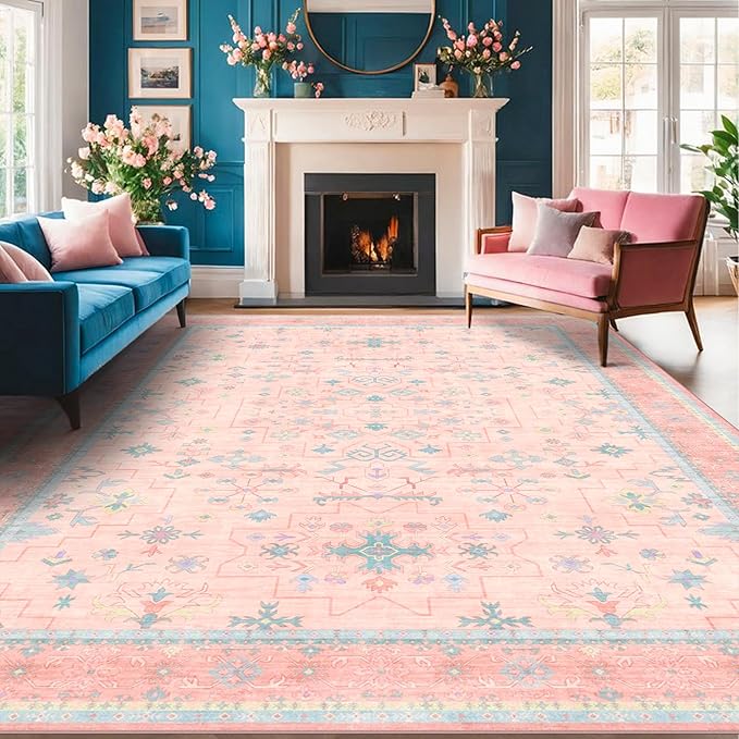 Washable Pink and Blue 7x10 Oushak Rugs for Bedroom Girls Dorm Living Room, Modern Floral Aethestic Distressed Design, Soft Low Pile Non Slip Stain Resistance Carpet