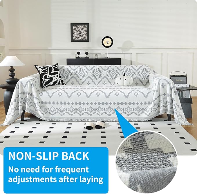 LUFEIJIASHI Boho Couch Covers for Sofa Non Slip Sofa Covers Washable Couch Covers for 3 Cushion Couch Sofa Pet Friendly Sectional Couch Cover Blanket Furniture Protector for Dogs (Grey, 71"x150")