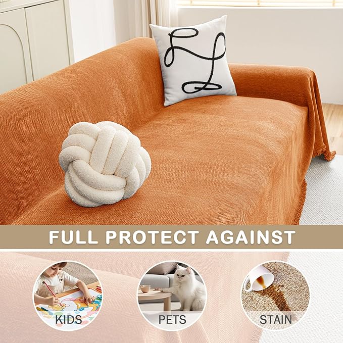 hyha Couch Cover for Dogs, Boho Sofa Covers for 3 Cushion Couch Washable, Chenille Sofa Slipcover for Pets, Soft Loveseat Sectional Couch Throw Blankets with Tassels (Orange, 88.5x150 Inch)