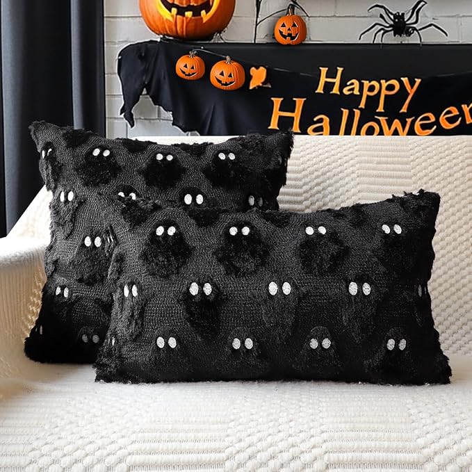 4TH Emotion Halloween Ghost Decorative Pillow Covers 16x16 Set of 2, Black Soft Plush Faux Fur Farmhouse Throw Cushion Cases for Fall Autumn Holiday Home Decorations