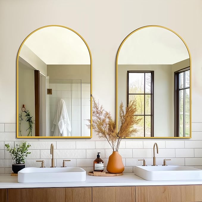 FICTOR Bathroom Vanity Mirror for Wall,2 Pack 24”x36” Arched Metal Framed Bathroom Mirror for Over Sink, Entryway, Living Room,Bedroom(Gold)