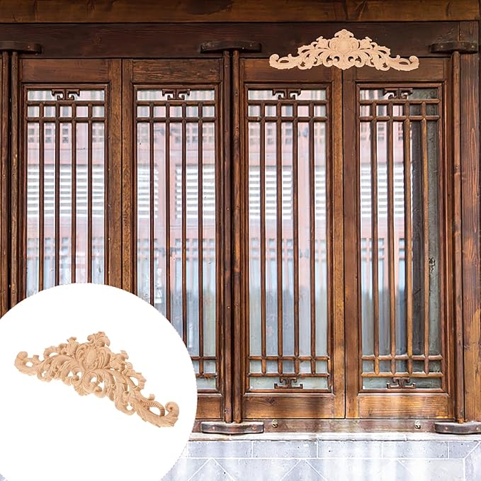 BESPORTBLE Wood Applique Onlay - Long Carvings Overlays Decor, Unpainted Wooden Carved Corner Decals, Retro Carvings Embellishments for Drawers Door Cabinet Mirror Dresser Euro Furniture