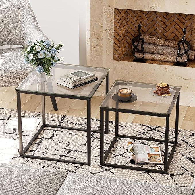 VILAWLENCE Coffee Table Set of 2, Modern Black Glass Side Table, Metal Frame Square End Table, Center Tables,Nesting Coffee Table for Living Room,Bedroom and Small Spaces