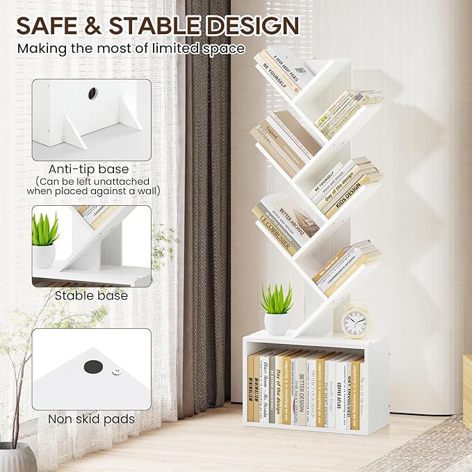 6 Tier Tree Bookshelf, Sturdy Retro Floor Standing Wood Bookcase, Storage Rack for Home Office, Living Room, Bedroom, Reading Spot, Heavy Book Organizer Shelves for CDs/DVDs/Movies, White