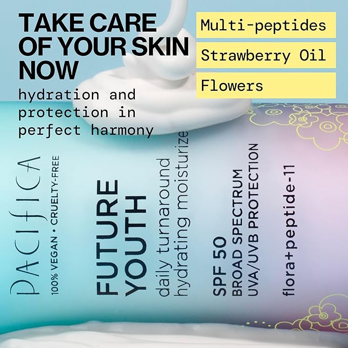Pacifica Peptide Face Moisturizer Future Youth Daily Turnaround Hydrating, SPF 50 Broad Spectrum, UVA/UVB Sun Protection, Sunscreen, Face Moisturizer, Anti-Aging, Vegan, 1.7 fl oz (1 Count)