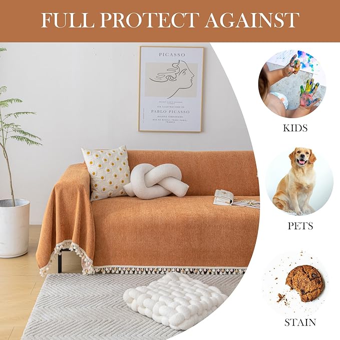 HANDONTIME Dark Orange Sofa Covers Couch Cover for Dogs Colorful Tassel Sofa Seat Cover Lovetseat Cover Pet Couch Cover Bohemian Sofa Cover for Couch Vintage Boho Couch Covers Futon Cover, 91" X118"